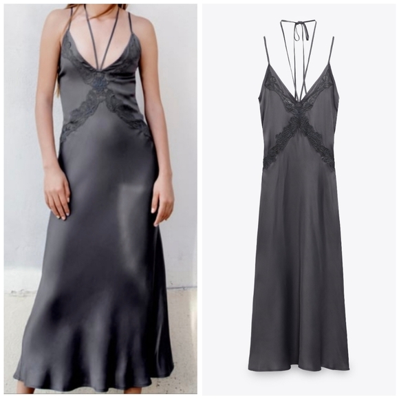 Zara Dresses & Skirts - NWT Embroidered lace neckline Midi Slip Dress Zara 0881/307 Charcoal Gray Medium